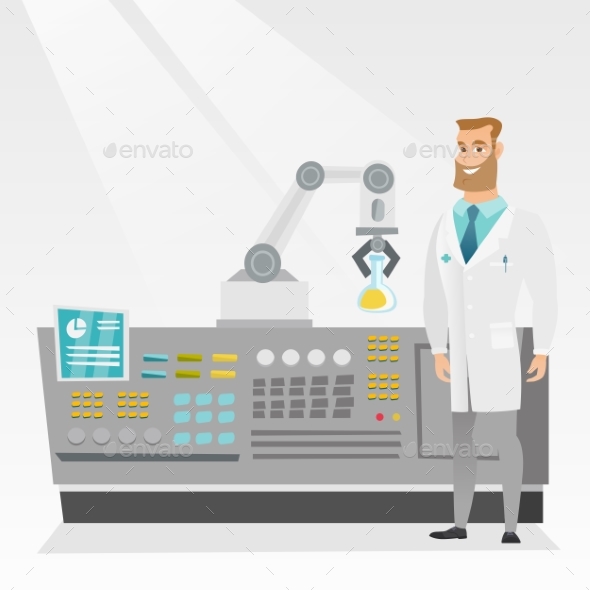 Scientist and Robotic Arm Conducting Experiments - People Characters
