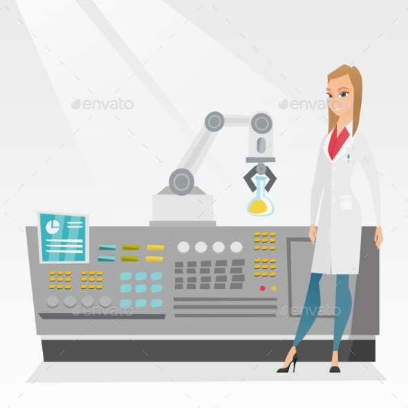 Scientist and Robotic Arm Conducting Experiments - People Characters
