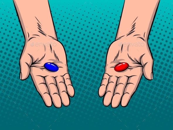 Hands with Red and Blue Pills Pop Art Vector