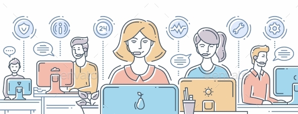 Call Center Support - Line Design Header, Banner - Communications Technology