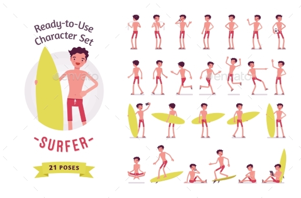 Ready-to-Use Surfer Man Character Set - People Characters