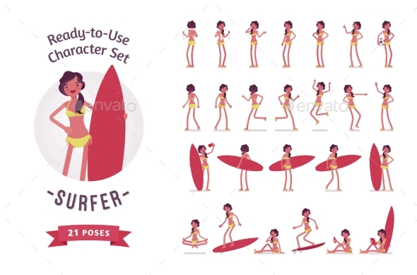 Ready-to-Use Surfer Woman Character Set - People Characters