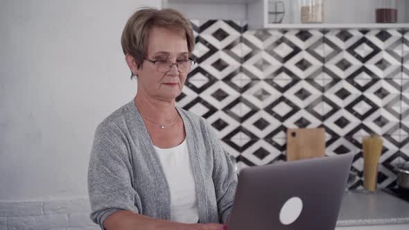 Attractive Mature Woman Using Modern Laptop at Home alt