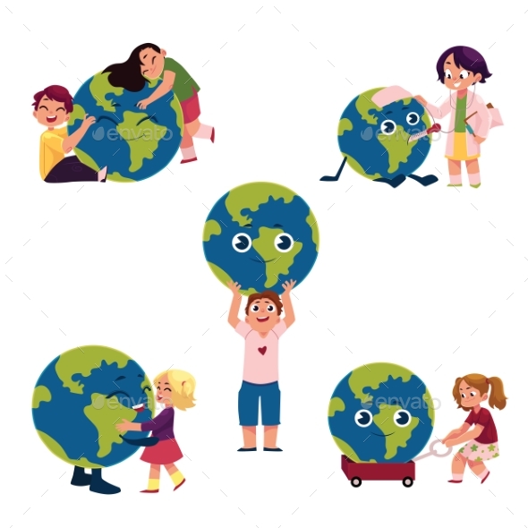 Kids Hugging, Holding, Playing with Globe, Earth - People Characters