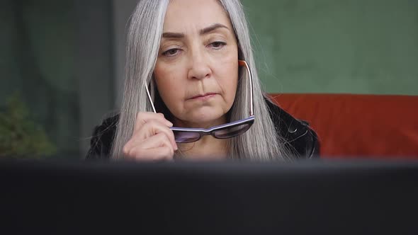 Concentrated Gray Haired Senior Woman in Glasses Attantivly Reading the Text on Computer Screen alt