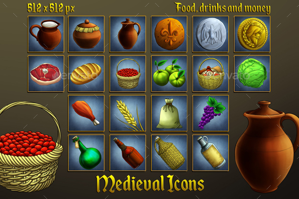 Middle Ages Icons: Food, Drinks and Money - Miscellaneous Game Assets
