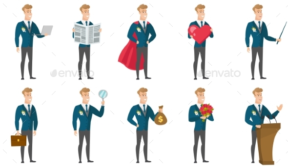 Vector Set of Illustrations with Groom Character - People Characters