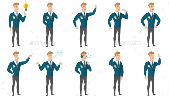 Vector Set of Illustrations with Groom Character. - People Characters