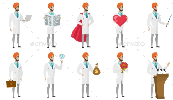 Muslim Doctor Vector Illustrations Set. - People Characters