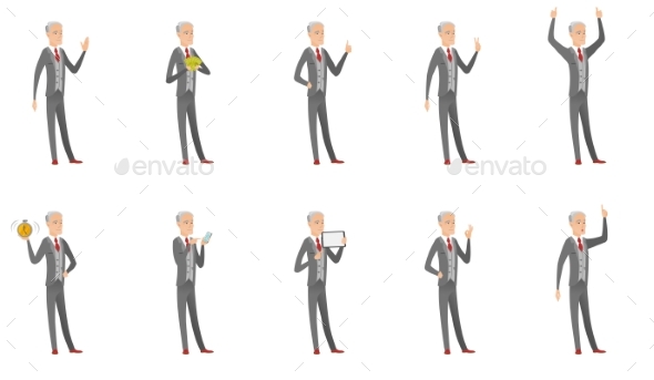 Old Businessman Vector Illustrations Set - People Characters