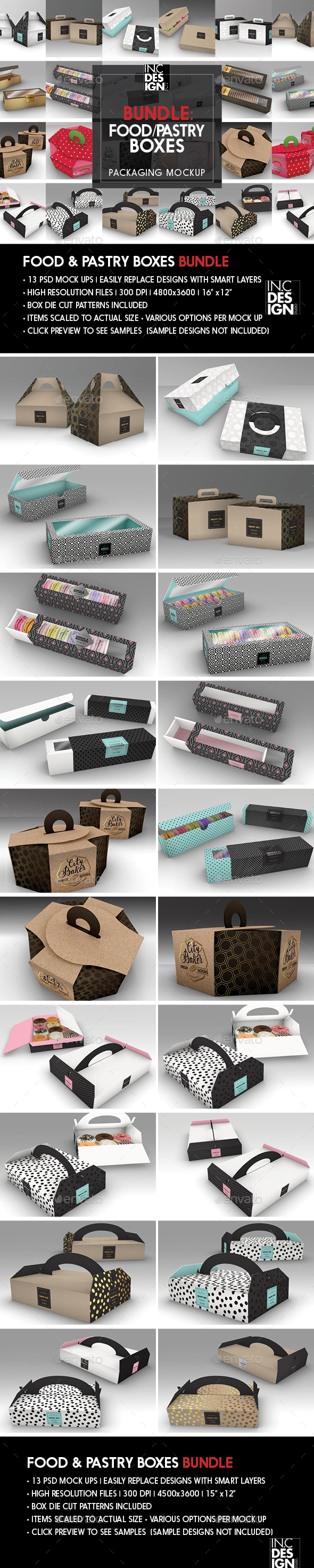 Food Pastry Boxes Mock Up Bundle: Take out Packaging Mock Ups