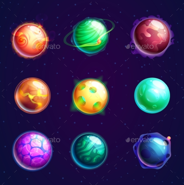 Set of Isolated Cartoon Planets with Satellites - Miscellaneous Vectors