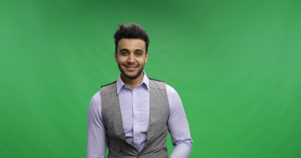 Businessman Hold Thumbs Up Happy Smiling Portrait Young Cheerful Business Man Over Chroma Key Green