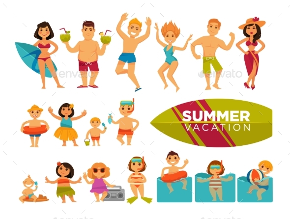 Summer Vacation Set of Cartoon Characters - Sports/Activity Conceptual