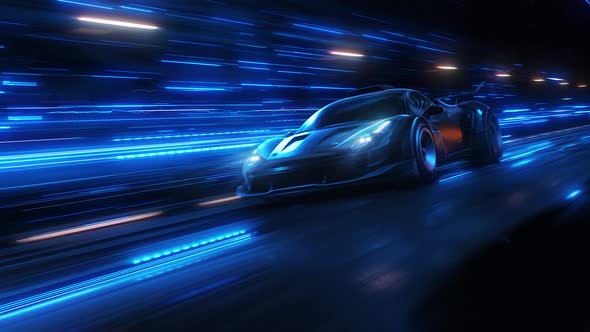 Speeding Sports Car On Neon Highway