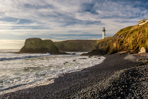 Yaquina Head Lighthouse at Pacific coast, built in 1873 - Stock Photo - Images