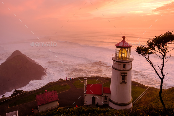 Heceta Head Lighthouse at sunset, built in 1892 - Stock Photo - Images