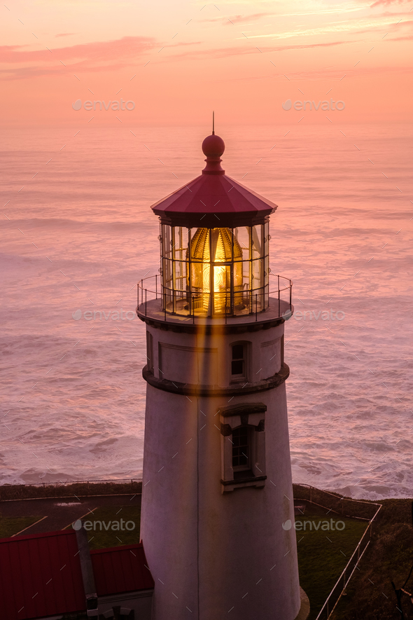 Heceta Head Lighthouse at sunset, built in 1892 - Stock Photo - Images