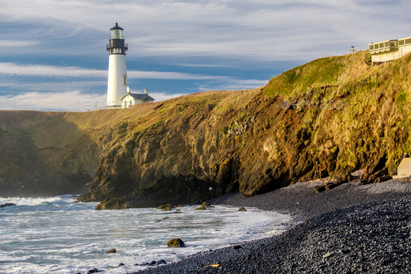 Yaquina Head Lighthouse at Pacific coast, built in 1873 - Stock Photo - Images