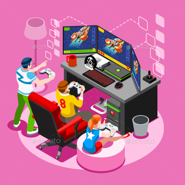 Video Game Isometric People Vector Illustration - Computers Technology