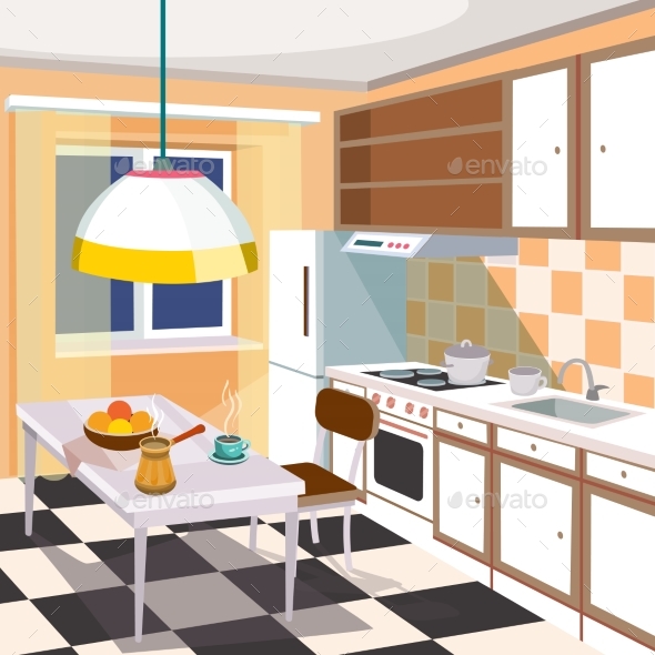 Vector Cartoon Illustration of a Kitchen Interior - Man-made Objects Objects