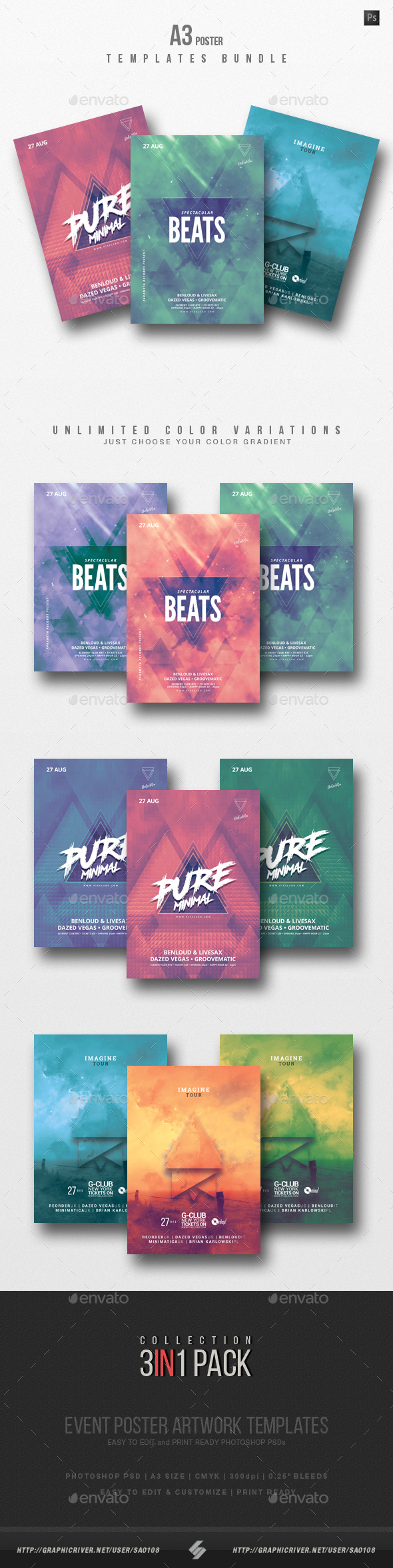 Minimal Sound vol.4 - DJ Party Poster / Flyer Templates Bundle A3 - Clubs & Parties Events