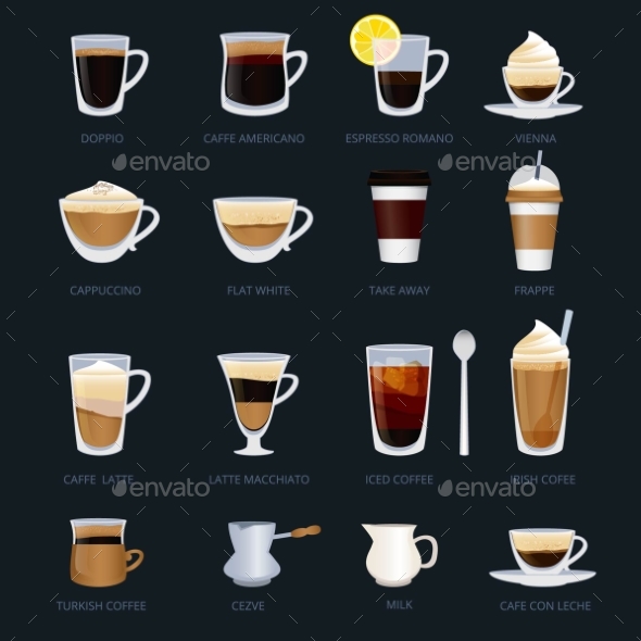 Mugs with Different Type of Coffee. Espresso - Objects Vectors
