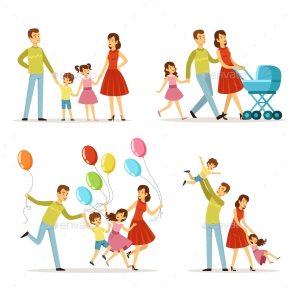 Big Family. Father, Pregnant Mother, Little Baby - People Characters