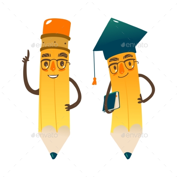 Vector Cartoon Humanized Pencil in Cap and Glasses - Characters Vectors