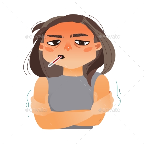 Girl, Woman with Thermometer in Mouth, Having Flu - People Characters