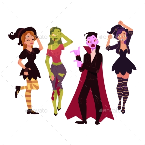 People in Halloween Party Costumes - Witch, Zombie