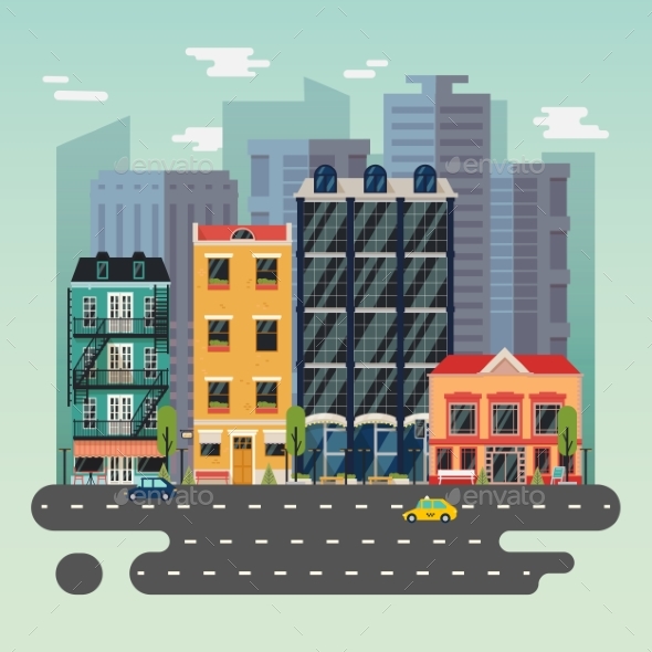 Town or City Landscape with Skyscrapers Buildings - Buildings Objects