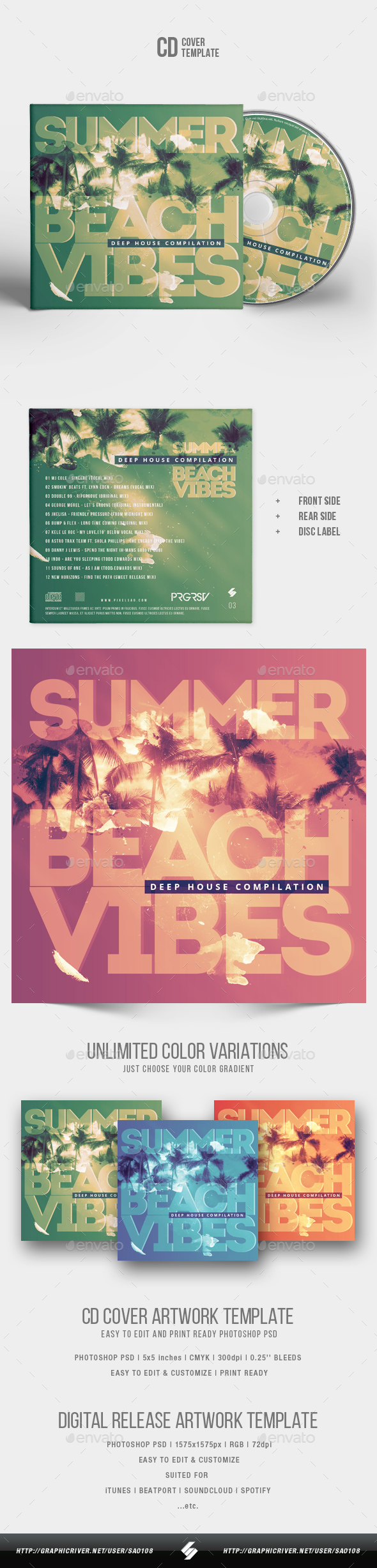 Summer Beach Vibes - House Music CD Cover Artwork Template - CD & DVD Artwork Print Templates