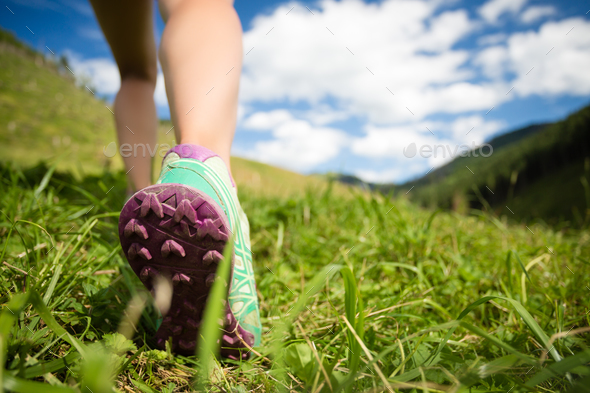 Woman hiking in mountains, adventure and travel - Stock Photo - Images