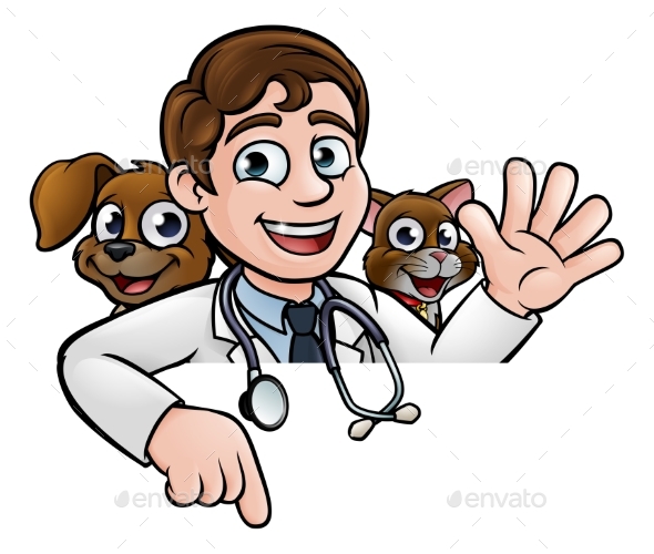 Vet Cartoon Character Pointing Sign