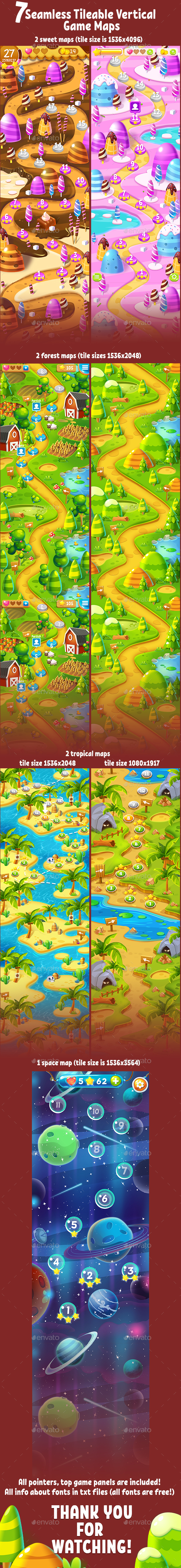 7 Seamless Tileable Vertical Game Maps Bundle - Tilesets Game Assets
