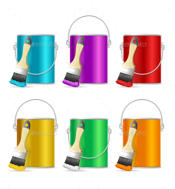 Realistic Color Steel Can Bucket and Paint Brush - Man-made Objects Objects
