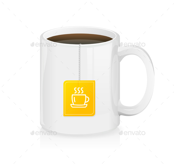 Realistic White Ceramic Full Tea Cup with Teabag - Man-made Objects Objects