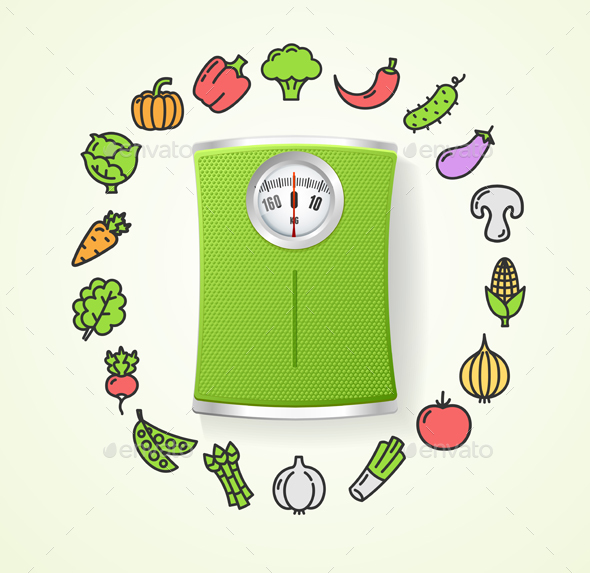 Vegetables Fresh Food and Floor Scales Health Life Concept - Health/Medicine Conceptual