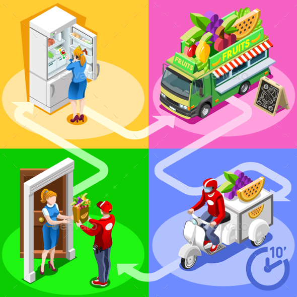 Food Truck Fruit Cart Home Delivery Vector Isometric People - Vectors