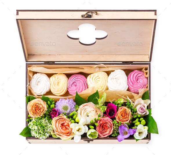 Gift box with cakes and flowers