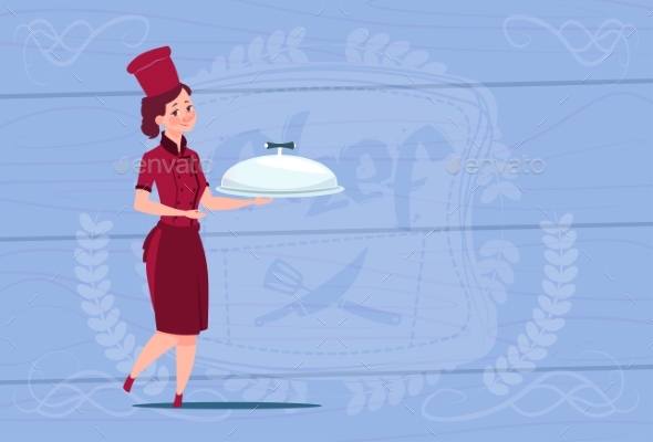GraphicRiver Female Chef Cook Holding Tray With Dish Smiling 20381775 GraphicRiver Female Chef Cook Holding Tray With Dish Smiling 20381775