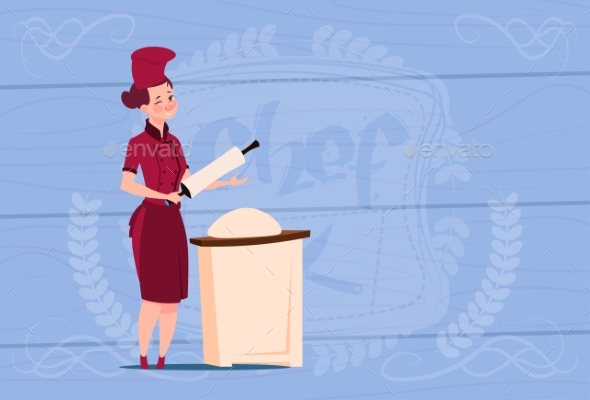 Female Chef Cook Working With Dough Cartoon - People Characters
