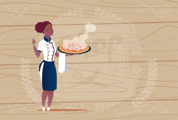 Female Chef Cook Holding Pizza - People Characters