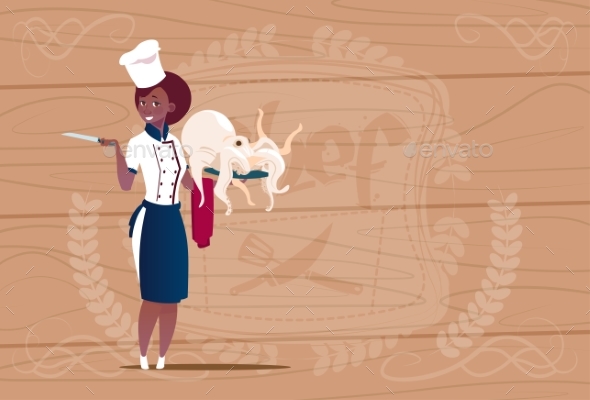 Female Chef Cook Holding Octopus Cartoon - People Characters
