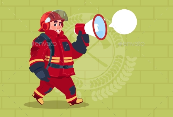 GraphicRiver Fireman Speaking in Megaphone Wears Uniform 20382180 GraphicRiver Fireman Speaking in Megaphone Wears Uniform 20382180