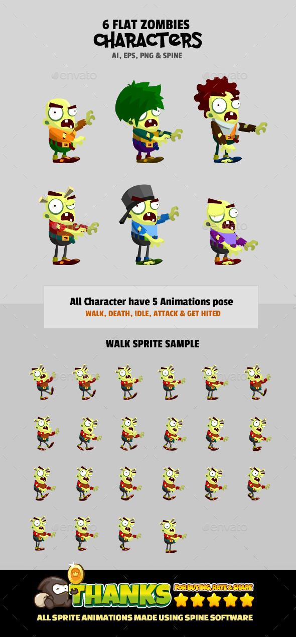 6 Flat Zombies - Sprites Game Assets
