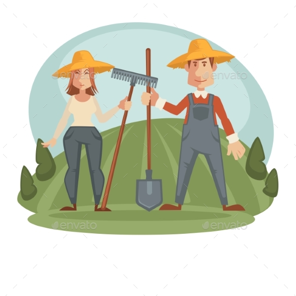 Farmers in Straw Hats with Equipment on Field - Flowers & Plants Nature