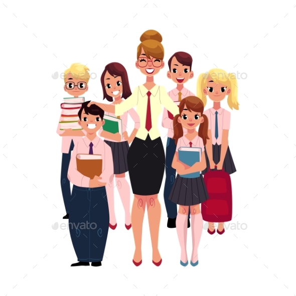 Female Teacher Surrounded By Students, Pupils - People Characters