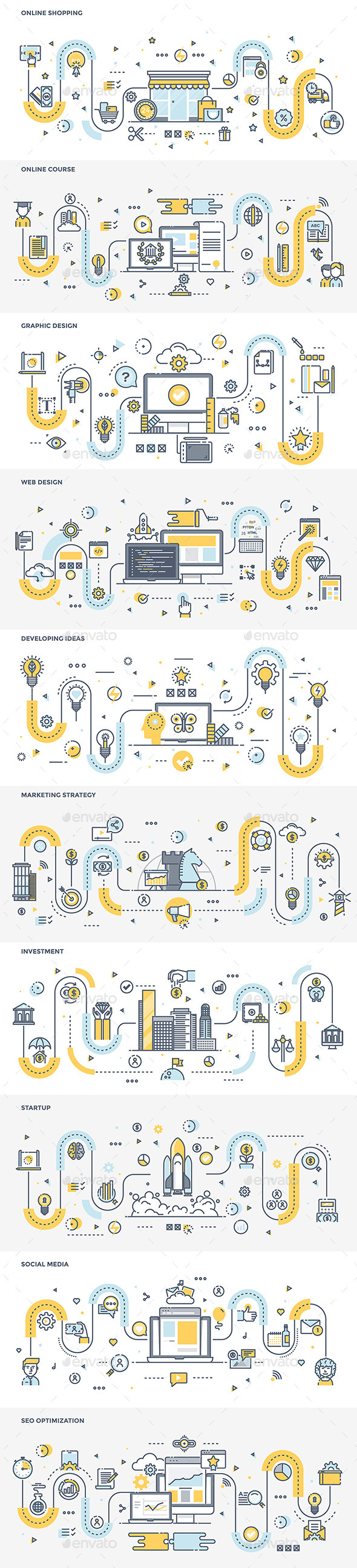 Set of Flat Line Color Banners Design Concepts - Vectors